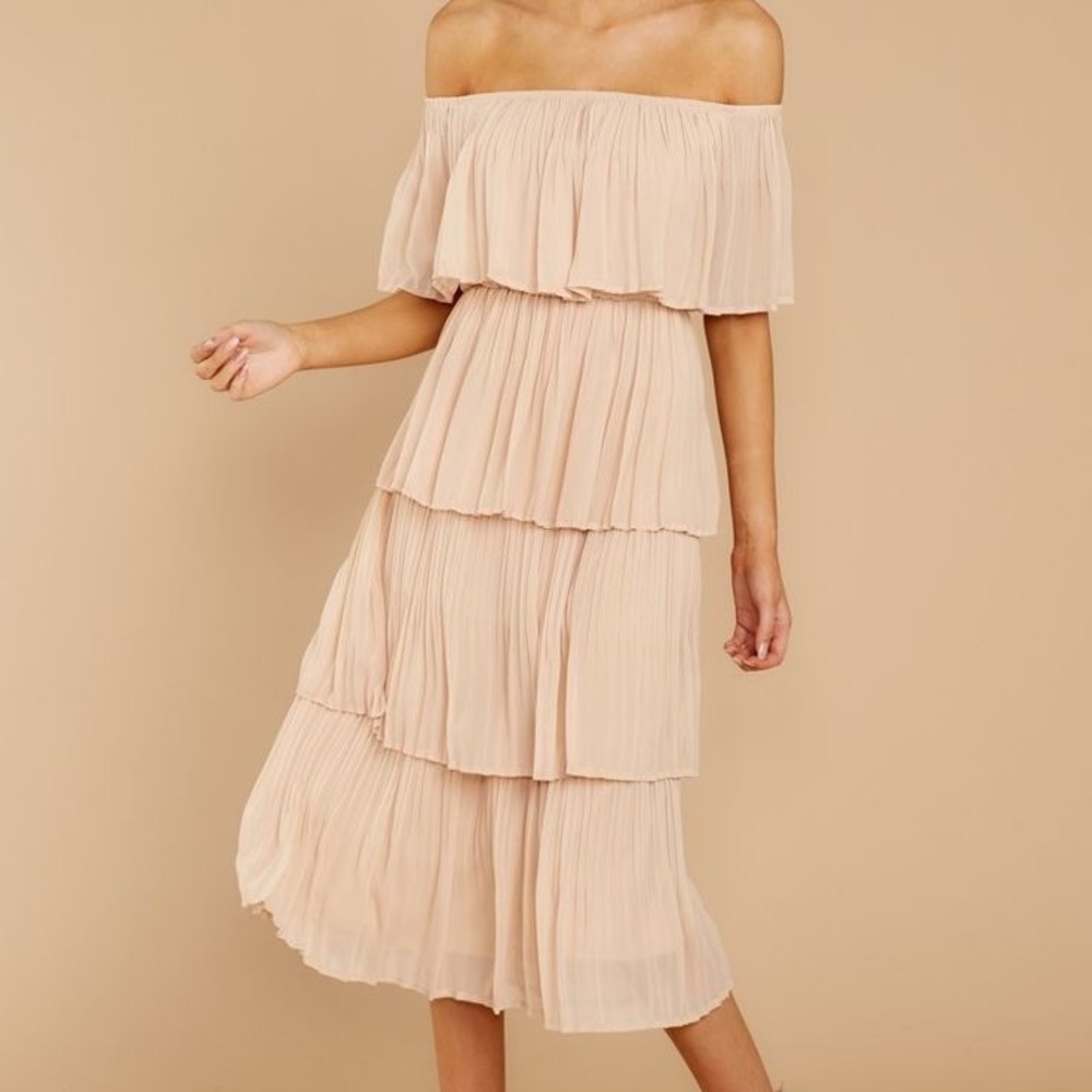 Off-Shoulder Tiered Midi Dress — Nude